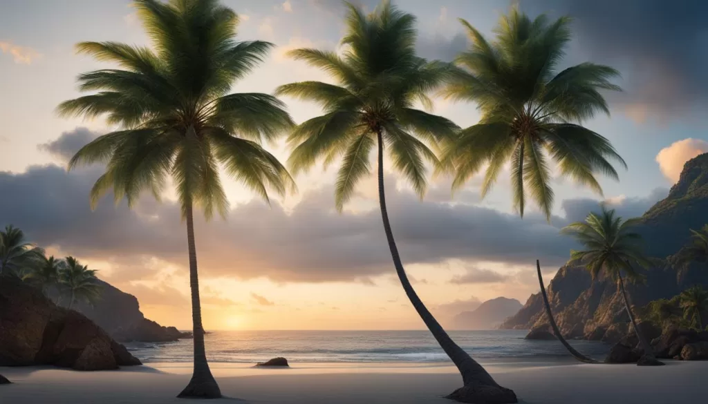Uma paisagem tropical com palmeiras e uma praia deserta